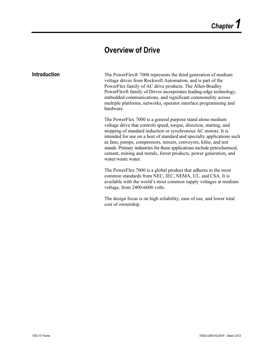 1 - overview of drive, Overview of drive, Chapter | Rockwell Automation 7000A PowerFlex Medium Voltage AC Drive (A Frame) - ForGe Control (PanelView 550) User Manual | Page 13 / 222