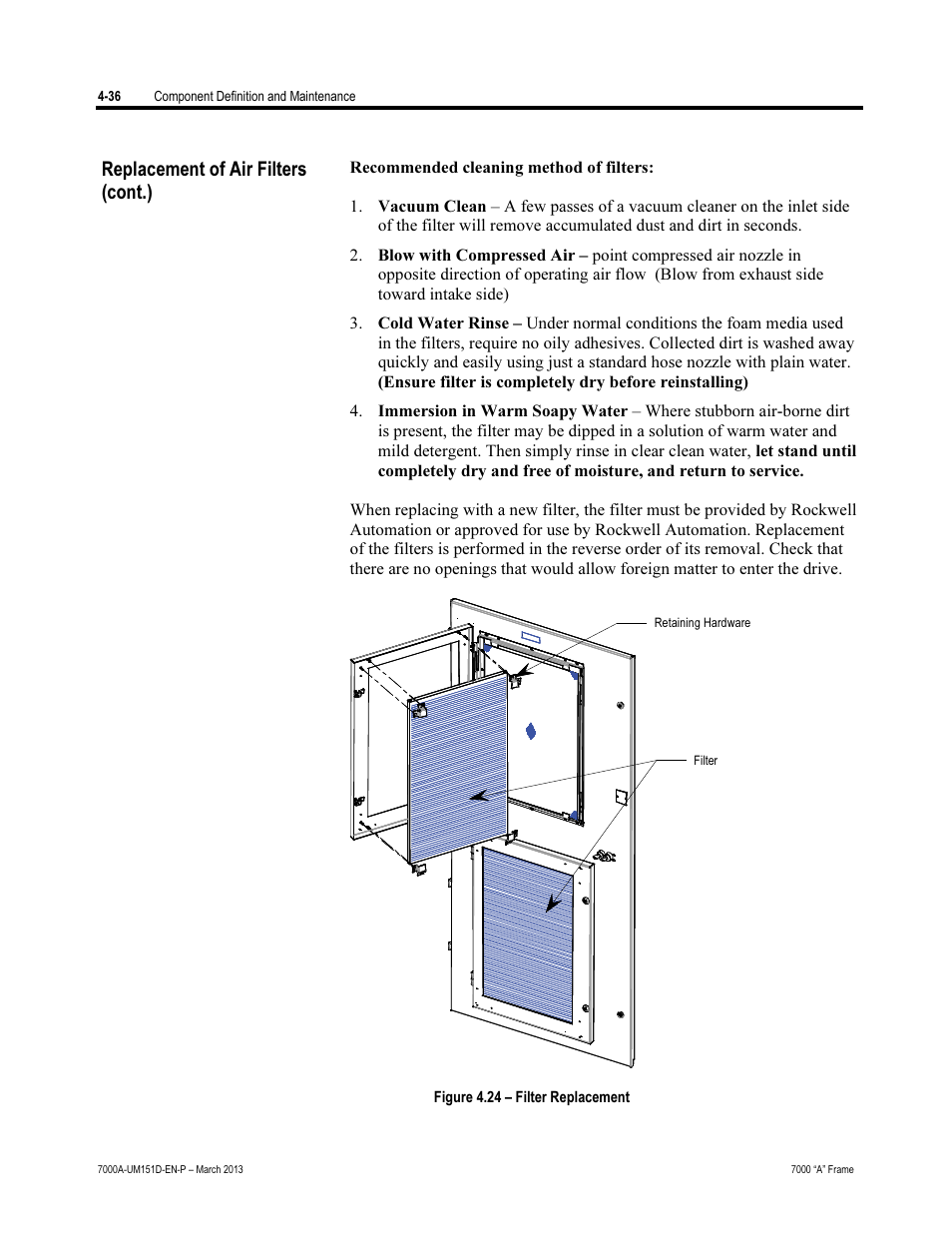 Replacement of air filters (cont.) | Rockwell Automation 7000A PowerFlex Medium Voltage AC Drive (A Frame) - ForGe Control (PanelView 550) User Manual | Page 162 / 222