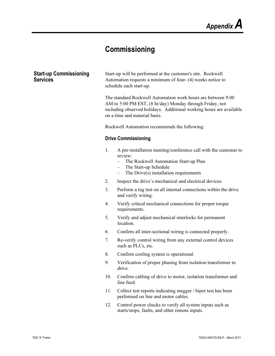 A - commissioning, Commissioning, Appendix | Rockwell Automation 7000A PowerFlex Medium Voltage AC Drive (A Frame) - ForGe Control (PanelView 550) User Manual | Page 185 / 222