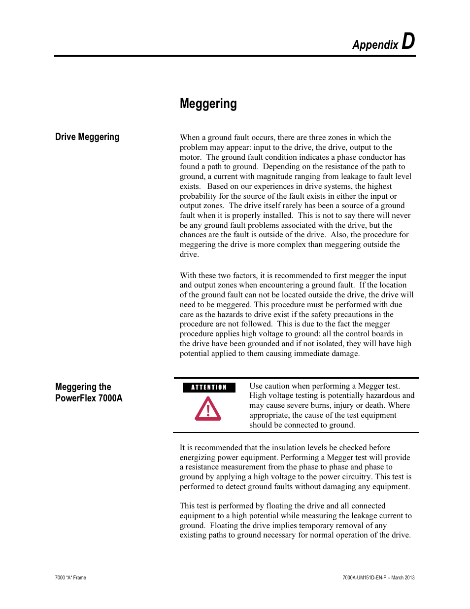 D - meggering, Meggering, Appendix | Rockwell Automation 7000A PowerFlex Medium Voltage AC Drive (A Frame) - ForGe Control (PanelView 550) User Manual | Page 195 / 222