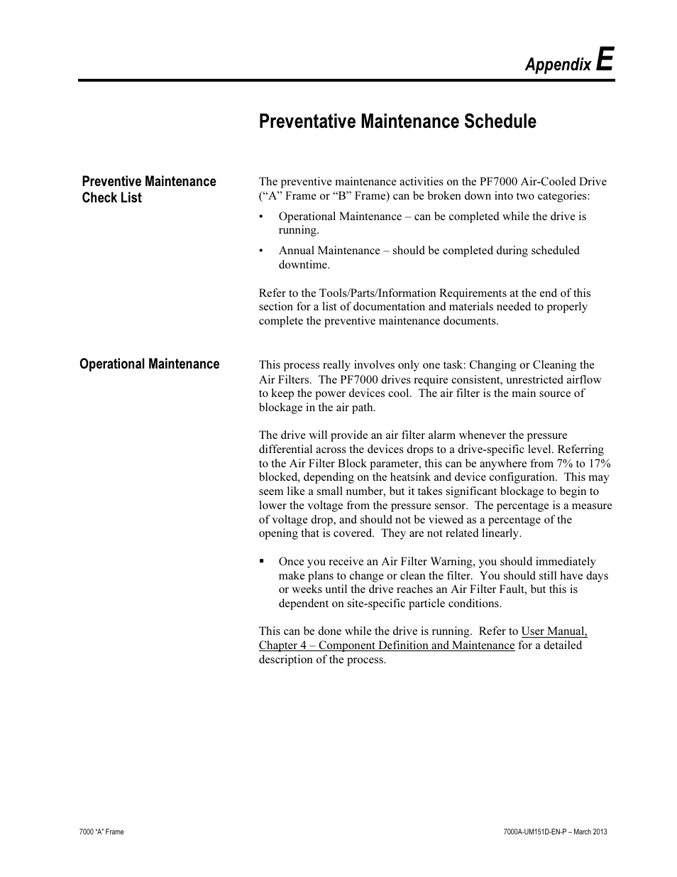 E - preventative maintenance schedule, Preventative maintenance schedule, Appendix | Rockwell Automation 7000A PowerFlex Medium Voltage AC Drive (A Frame) - ForGe Control (PanelView 550) User Manual | Page 201 / 222