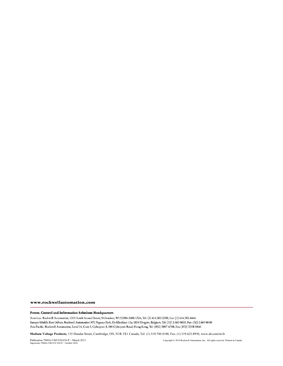 Back cover | Rockwell Automation 7000A PowerFlex Medium Voltage AC Drive (A Frame) - ForGe Control (PanelView 550) User Manual | Page 222 / 222