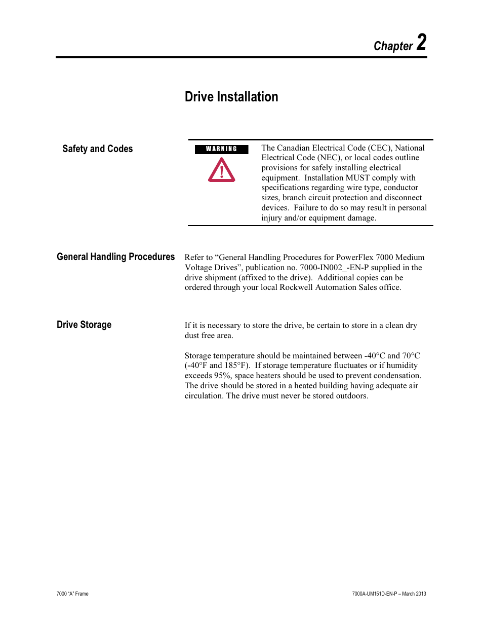 2 - drive installation, Drive installation, Chapter | Rockwell Automation 7000A PowerFlex Medium Voltage AC Drive (A Frame) - ForGe Control (PanelView 550) User Manual | Page 23 / 222