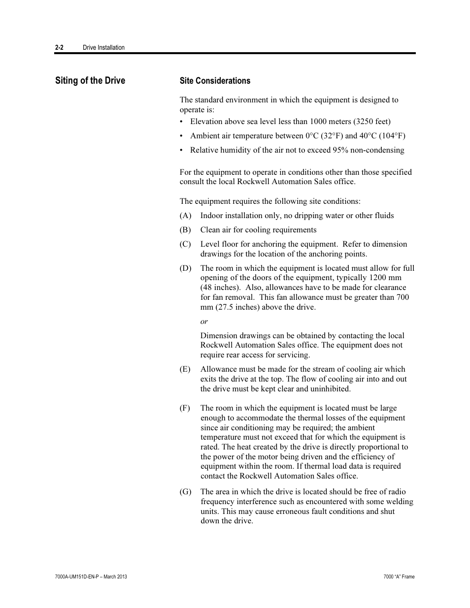 Siting of the drive | Rockwell Automation 7000A PowerFlex Medium Voltage AC Drive (A Frame) - ForGe Control (PanelView 550) User Manual | Page 24 / 222