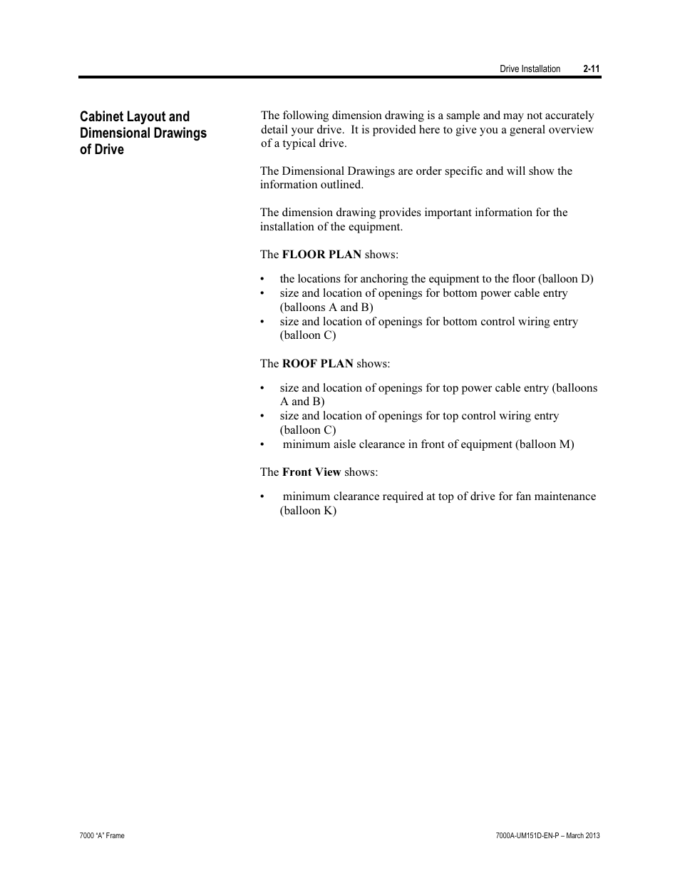 Cabinet layout and dimensional drawings of drive | Rockwell Automation 7000A PowerFlex Medium Voltage AC Drive (A Frame) - ForGe Control (PanelView 550) User Manual | Page 33 / 222