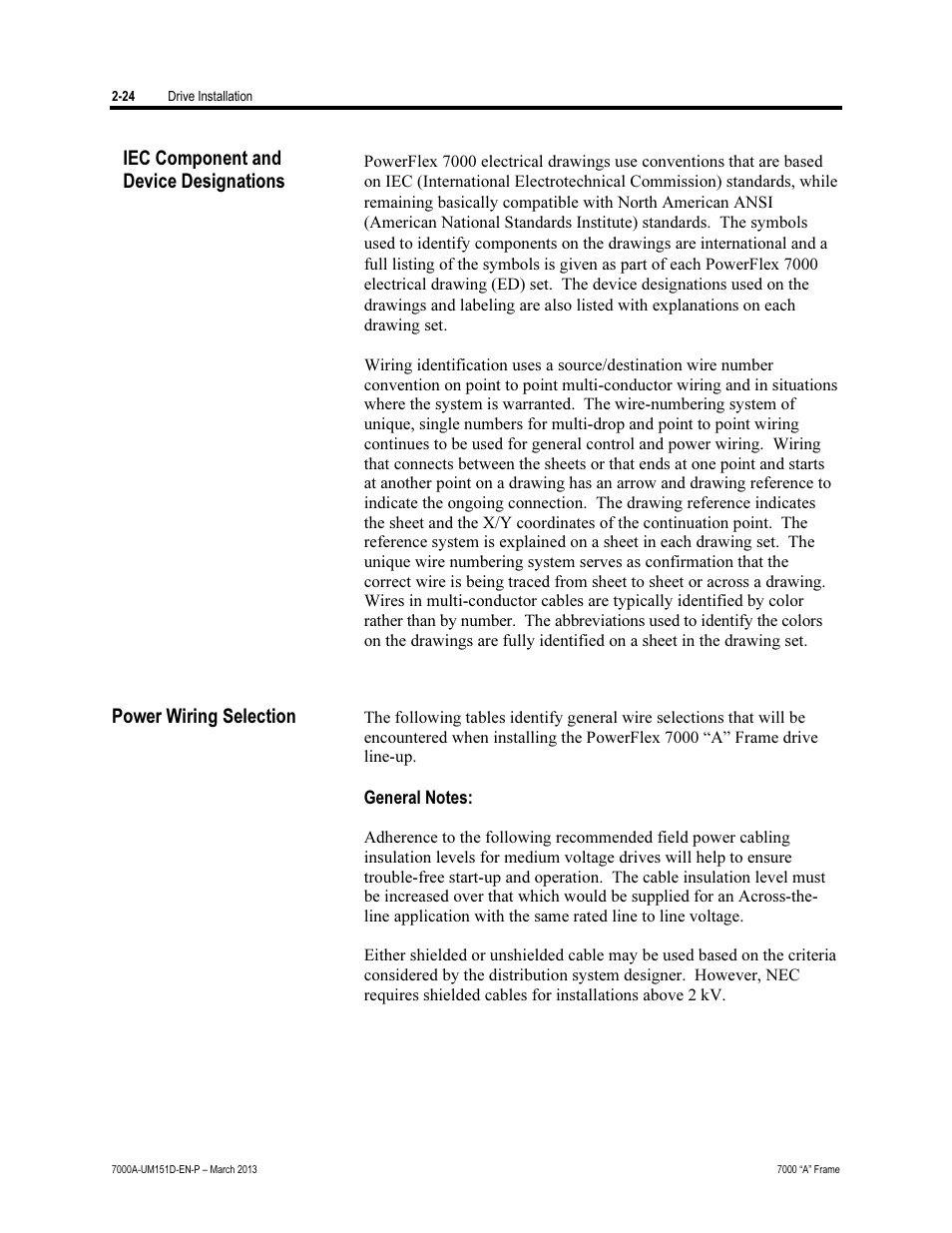 Power wiring selection, Iec component and device designations | Rockwell Automation 7000A PowerFlex Medium Voltage AC Drive (A Frame) - ForGe Control (PanelView 550) User Manual | Page 46 / 222