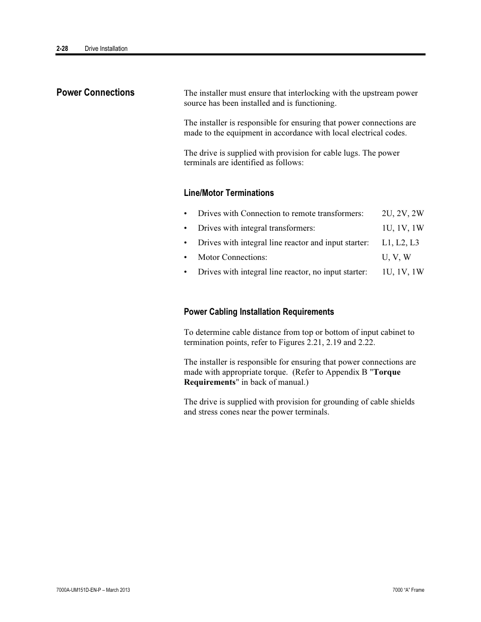 Power connections | Rockwell Automation 7000A PowerFlex Medium Voltage AC Drive (A Frame) - ForGe Control (PanelView 550) User Manual | Page 50 / 222