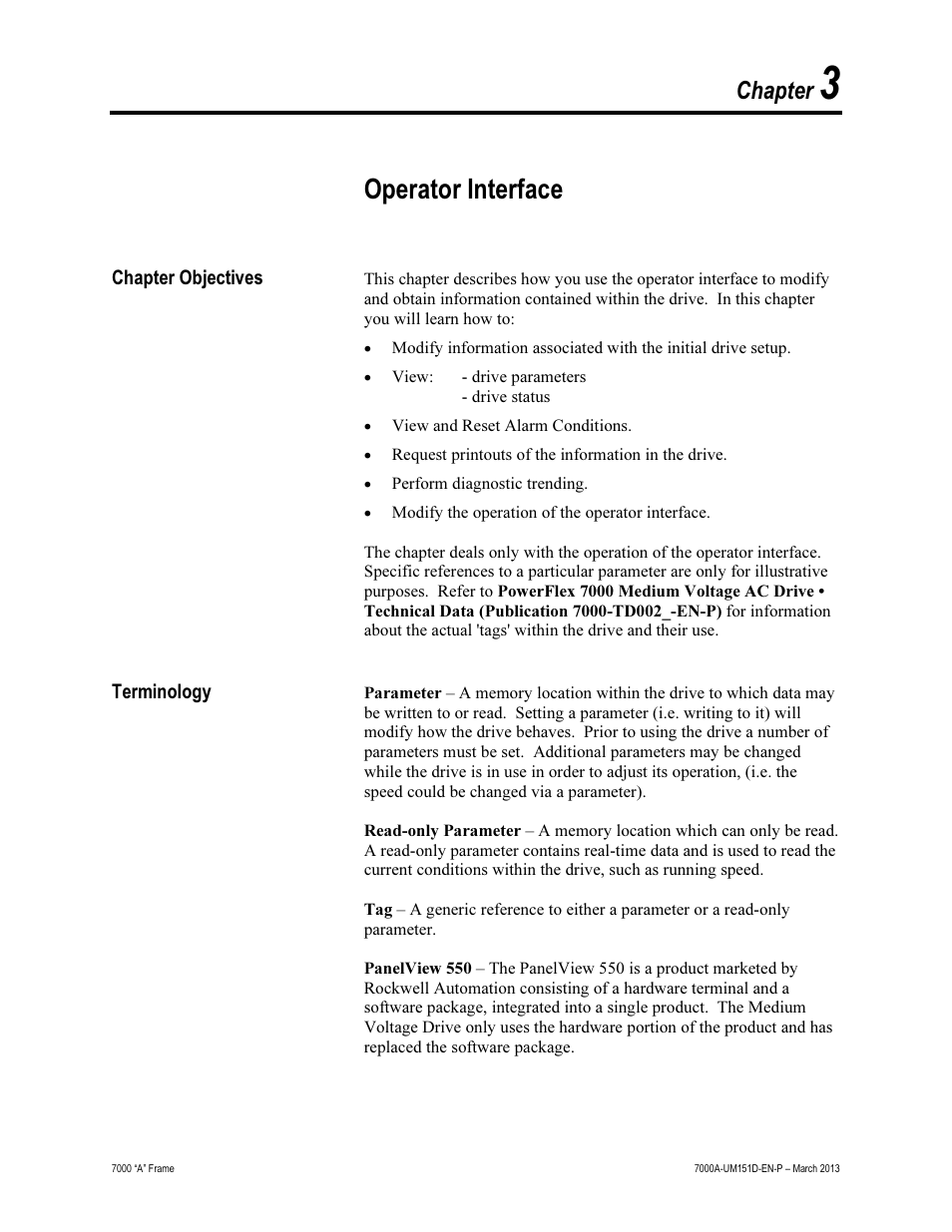 3 - operator interface, Operator interface, Chapter | Rockwell Automation 7000A PowerFlex Medium Voltage AC Drive (A Frame) - ForGe Control (PanelView 550) User Manual | Page 61 / 222