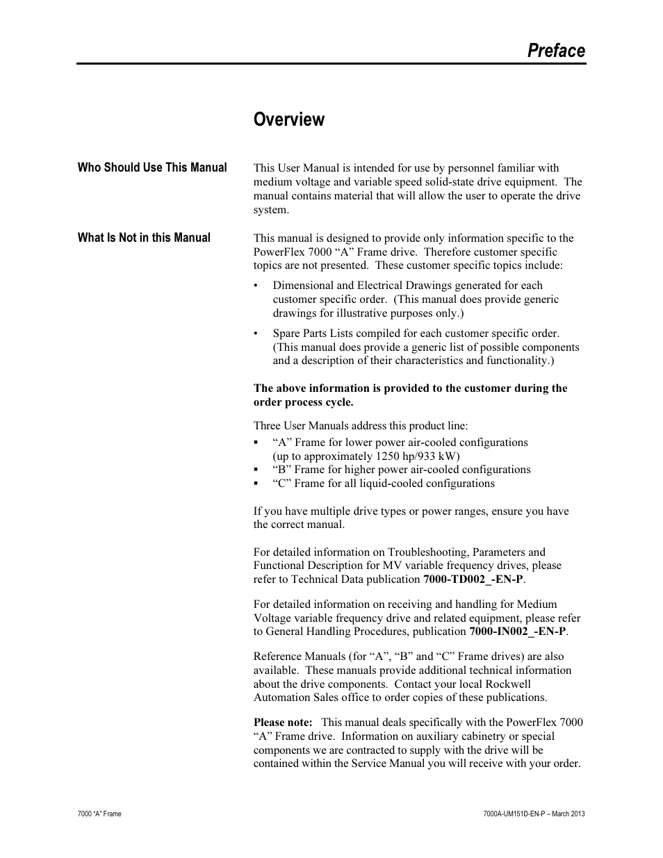 Preface, Overview | Rockwell Automation 7000A PowerFlex Medium Voltage AC Drive (A Frame) - ForGe Control (PanelView 550) User Manual | Page 9 / 222