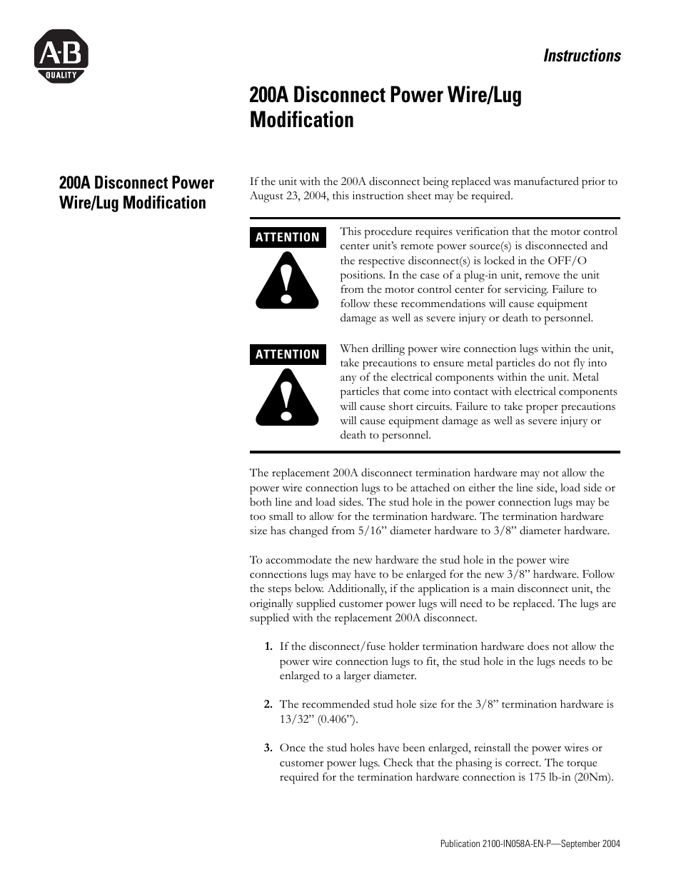 Rockwell Automation 2100 200A Disconnect Power Wire/Lug Modification User Manual | 2 pages