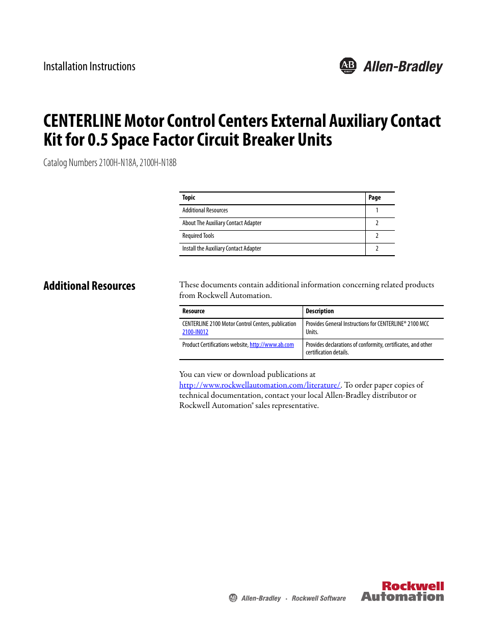 Rockwell Automation 2100 External Auxiliary Contact Kit for 0.5 SF User Manual | 4 pages