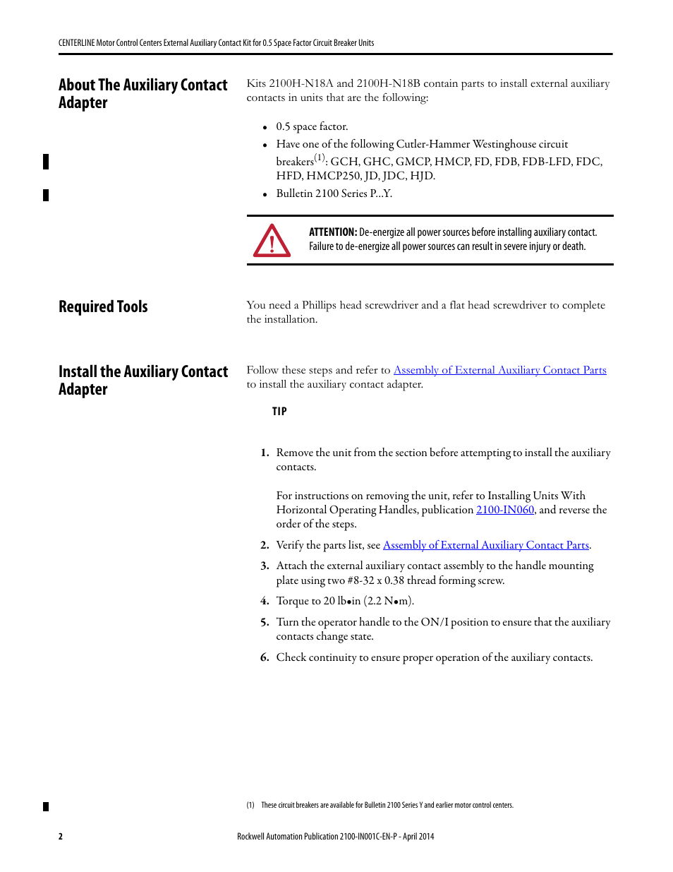 About the auxiliary contact adapter, Required tools, Install the auxiliary contact adapter | Rockwell Automation 2100 External Auxiliary Contact Kit for 0.5 SF User Manual | Page 2 / 4