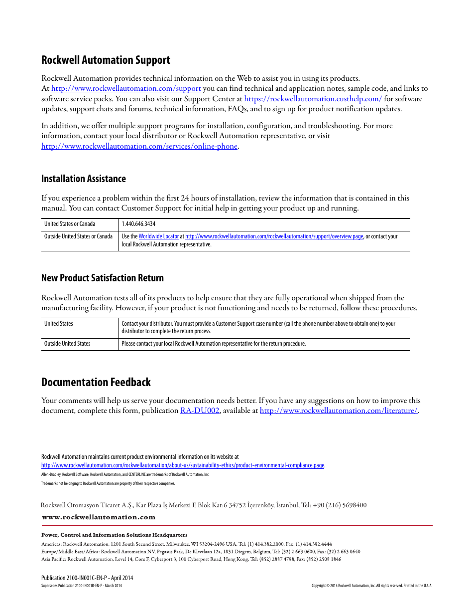Back cover, Rockwell automation support, Documentation feedback | Installation assistance, New product satisfaction return | Rockwell Automation 2100 External Auxiliary Contact Kit for 0.5 SF User Manual | Page 4 / 4