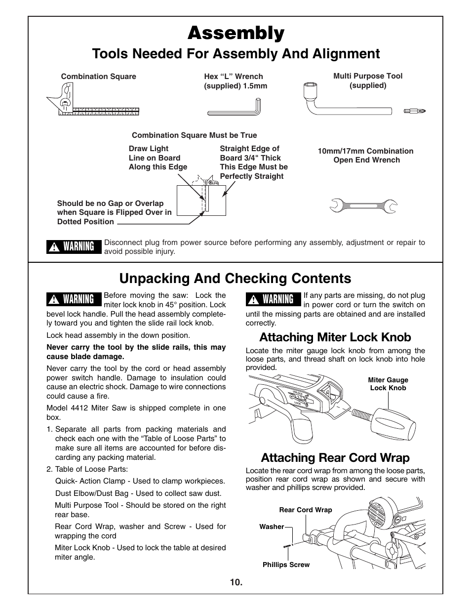 Assembly, Tools needed for assembly and alignment, Unpacking and checking contents | Attaching miter lock knob, Attaching rear cord wrap, Warning | Bosch 4412 User Manual | Page 10 / 104