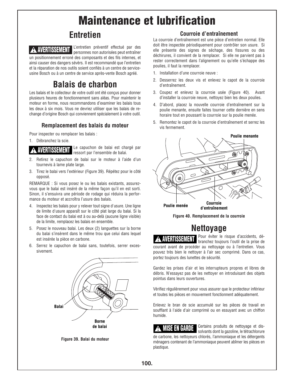 Maintenance et lubrification, Entretien, Balais de charbon | Nettoyage, Avertissement, Mise en garde | Bosch 4412 User Manual | Page 100 / 104