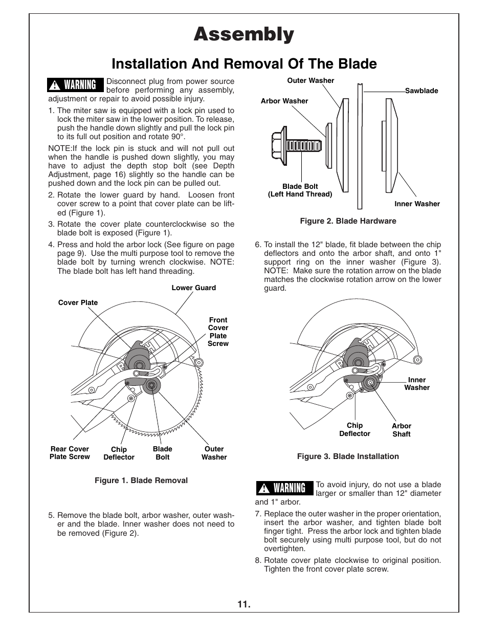 Assembly, Installation and removal of the blade, Warning | Bosch 4412 User Manual | Page 11 / 104