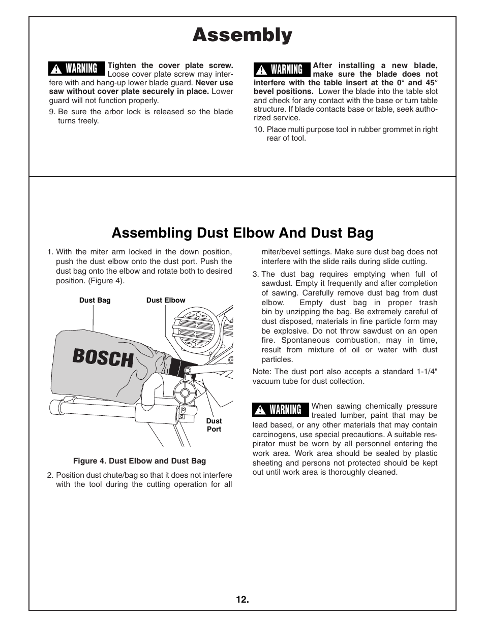 Assembly, Assembling dust elbow and dust bag, Warning | Bosch 4412 User Manual | Page 12 / 104