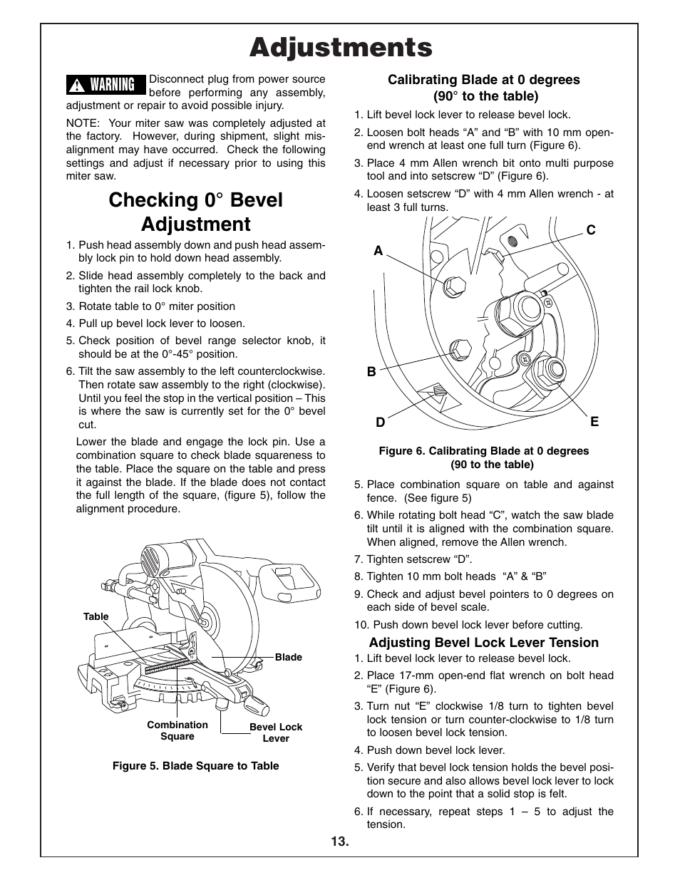 Adjustments, Checking 0° bevel adjustment, Warning | Bosch 4412 User Manual | Page 13 / 104