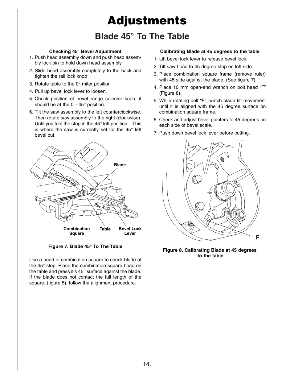 Adjustments, Blade 45° to the table | Bosch 4412 User Manual | Page 14 / 104
