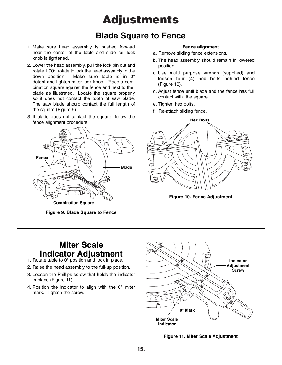 Adjustments, Blade square to fence, Miter scale indicator adjustment | Bosch 4412 User Manual | Page 15 / 104