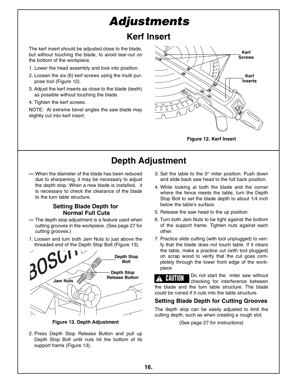 Adjustments, Kerf insert depth adjustment, Caution | Setting blade depth for normal full cuts, Setting blade depth for cutting grooves | Bosch 4412 User Manual | Page 16 / 104