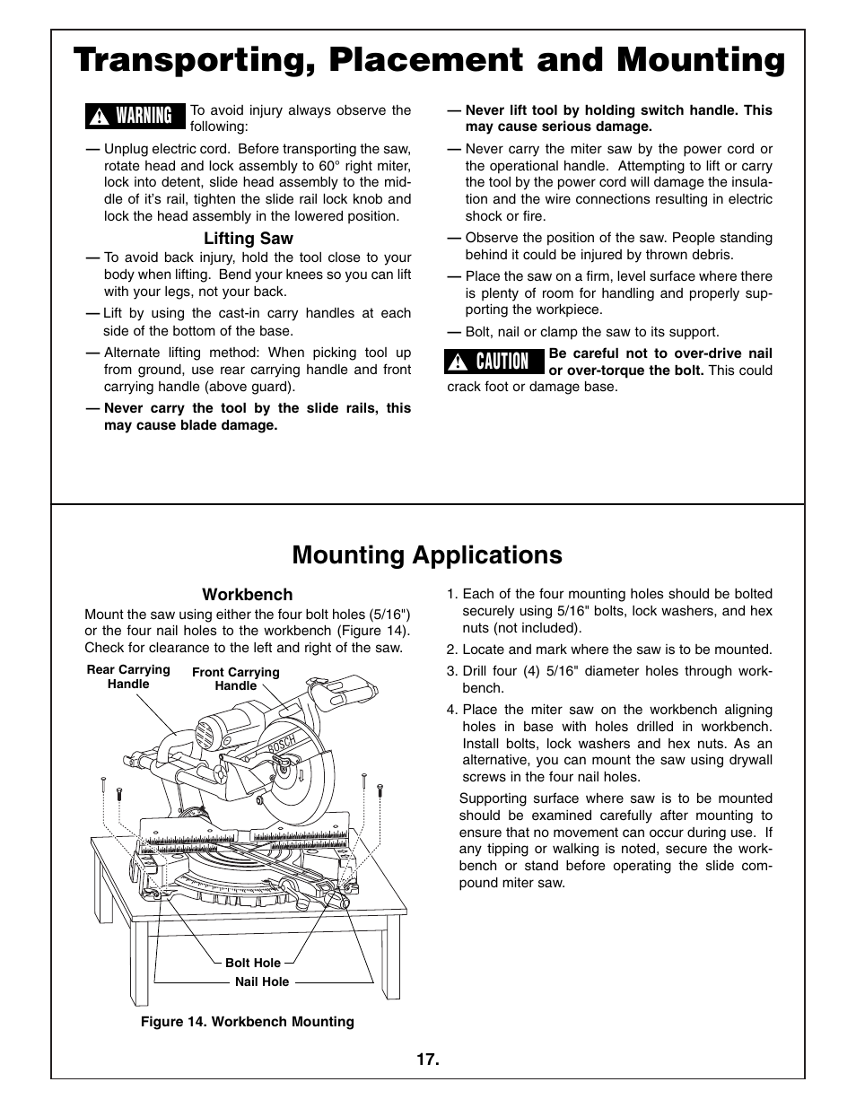 Transporting, placement and mounting, Mounting applications, Warning | Caution | Bosch 4412 User Manual | Page 17 / 104