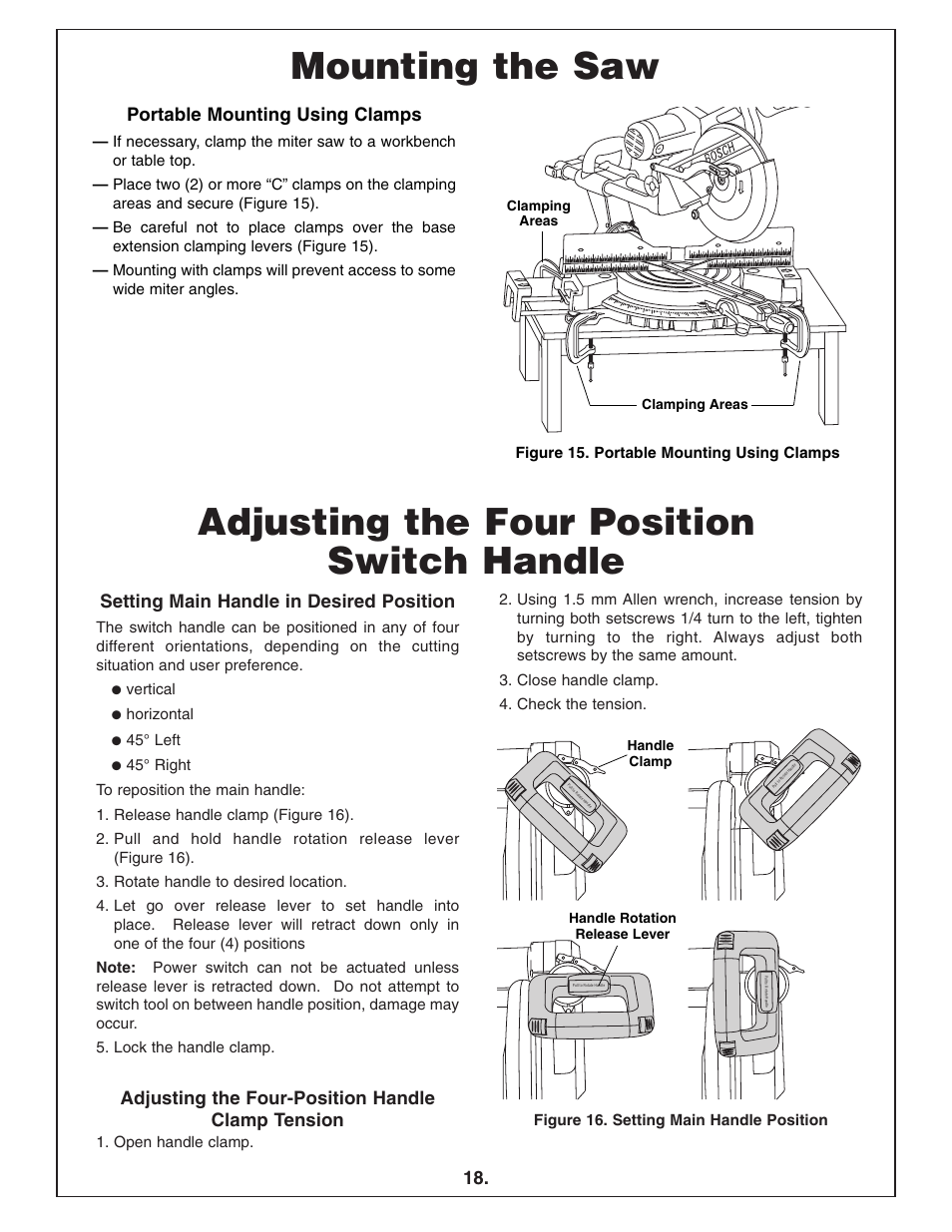 Mounting the saw, Adjusting the four position switch handle | Bosch 4412 User Manual | Page 18 / 104