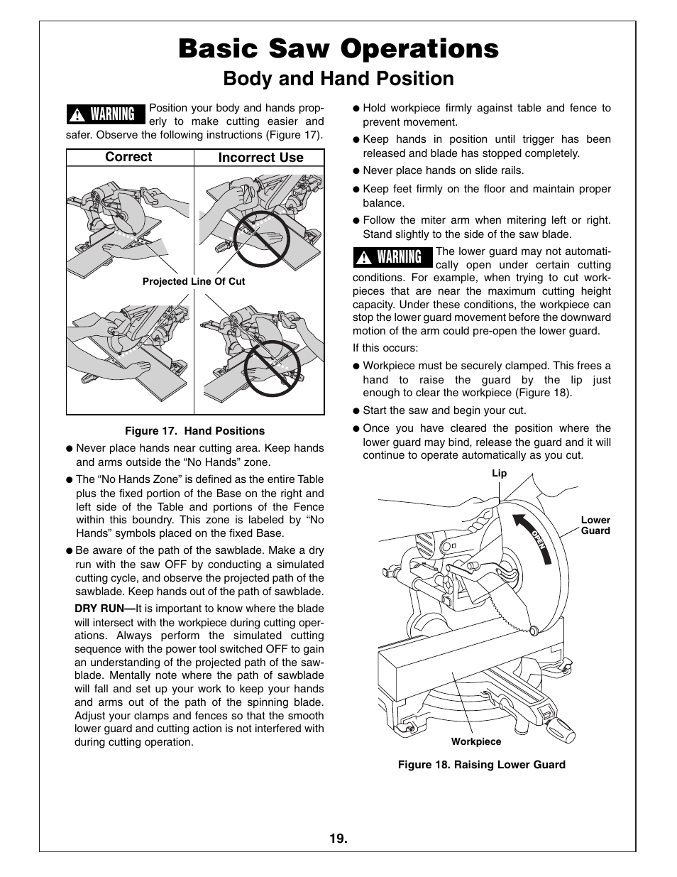 Basic saw operations, Body and hand position, Warning | Bosch 4412 User Manual | Page 19 / 104