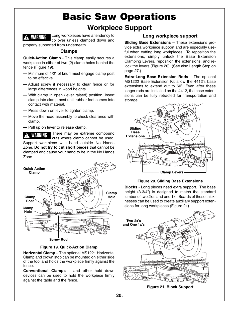 Basic saw operations, Workpiece support, Warning | Bosch 4412 User Manual | Page 20 / 104