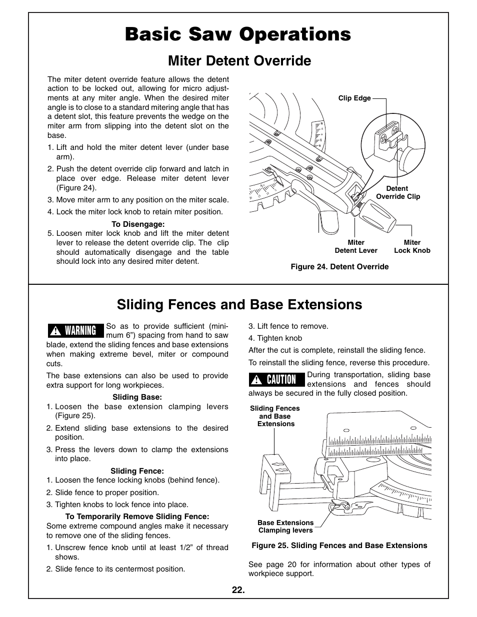 Basic saw operations, Warning, Caution | Bosch 4412 User Manual | Page 22 / 104