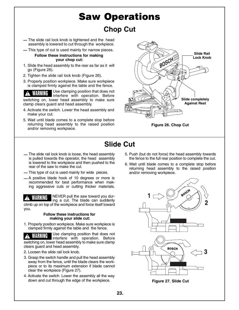 Saw operations, Slide cut chop cut, Warning | Bosch 4412 User Manual | Page 23 / 104