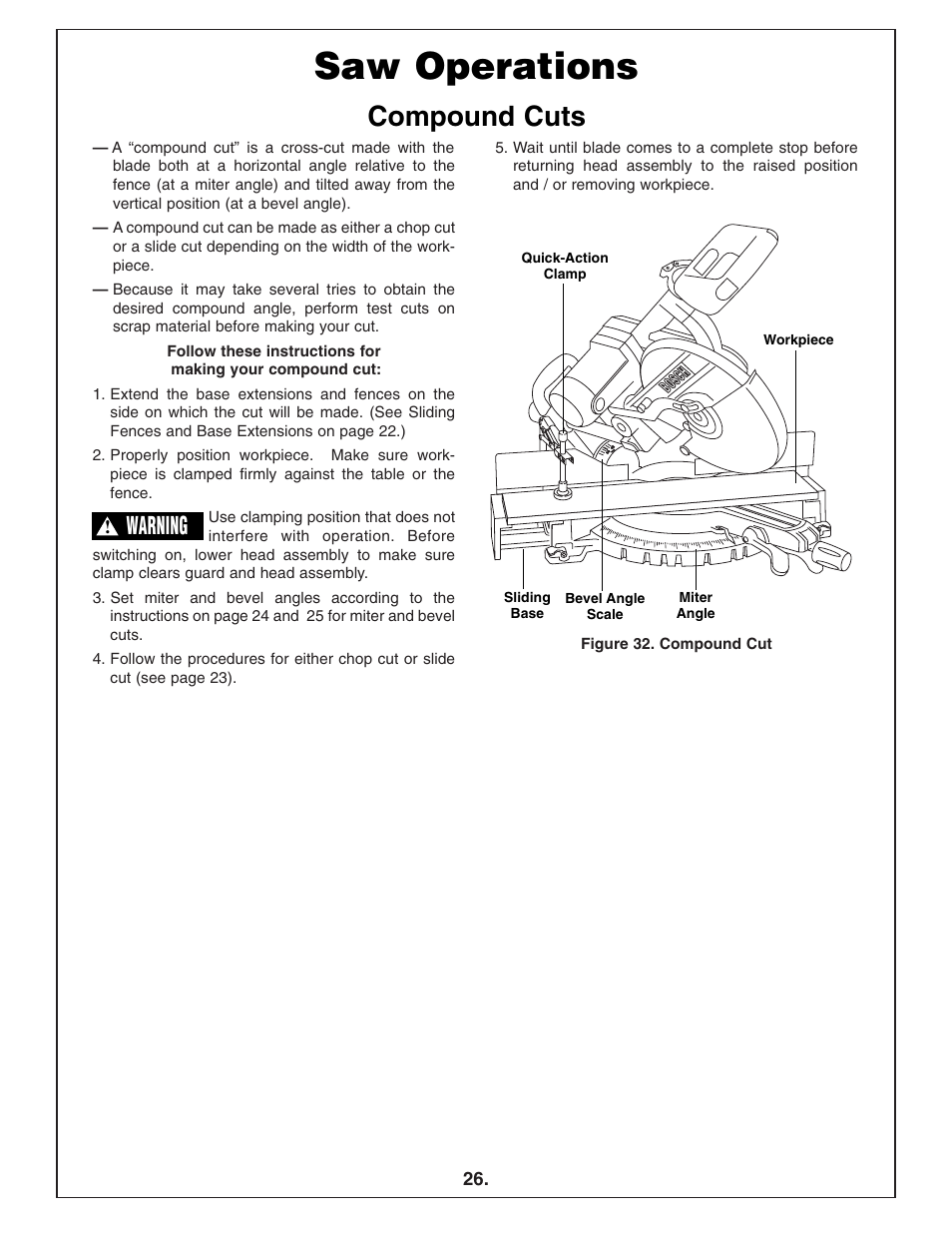 Saw operations, Compound cuts, Warning | Bosch 4412 User Manual | Page 26 / 104