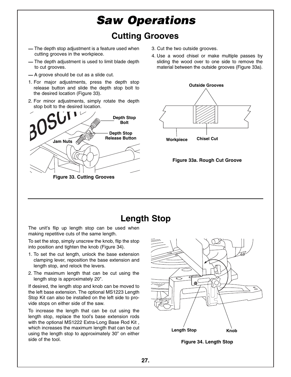 Saw operations, Cutting grooves length stop | Bosch 4412 User Manual | Page 27 / 104