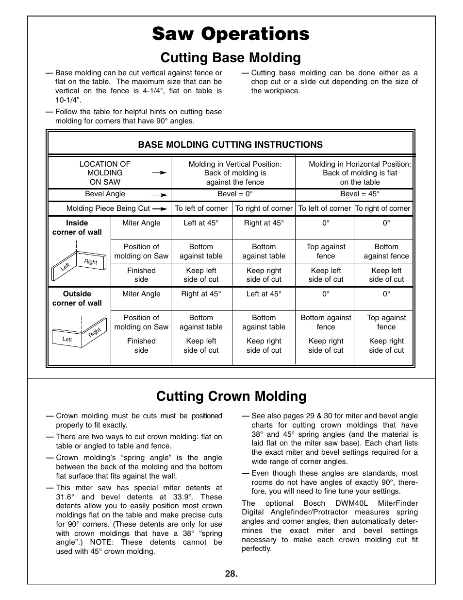 Saw operations, Cutting base molding cutting crown molding | Bosch 4412 User Manual | Page 28 / 104