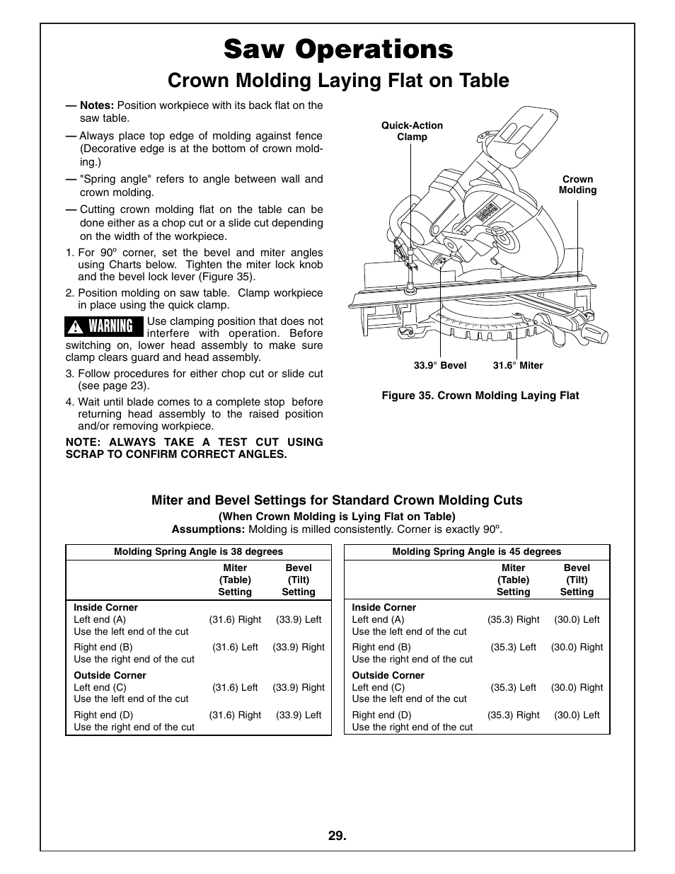 Saw operations, Crown molding laying flat on table, Warning | Bosch 4412 User Manual | Page 29 / 104