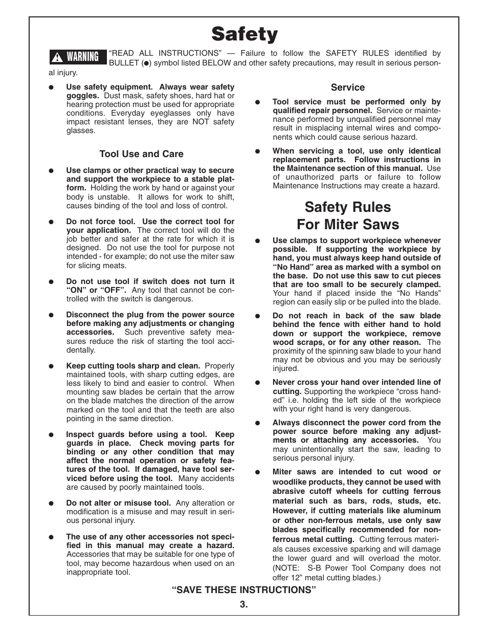 Safety, Safety rules for miter saws, Warning | Bosch 4412 User Manual | Page 3 / 104