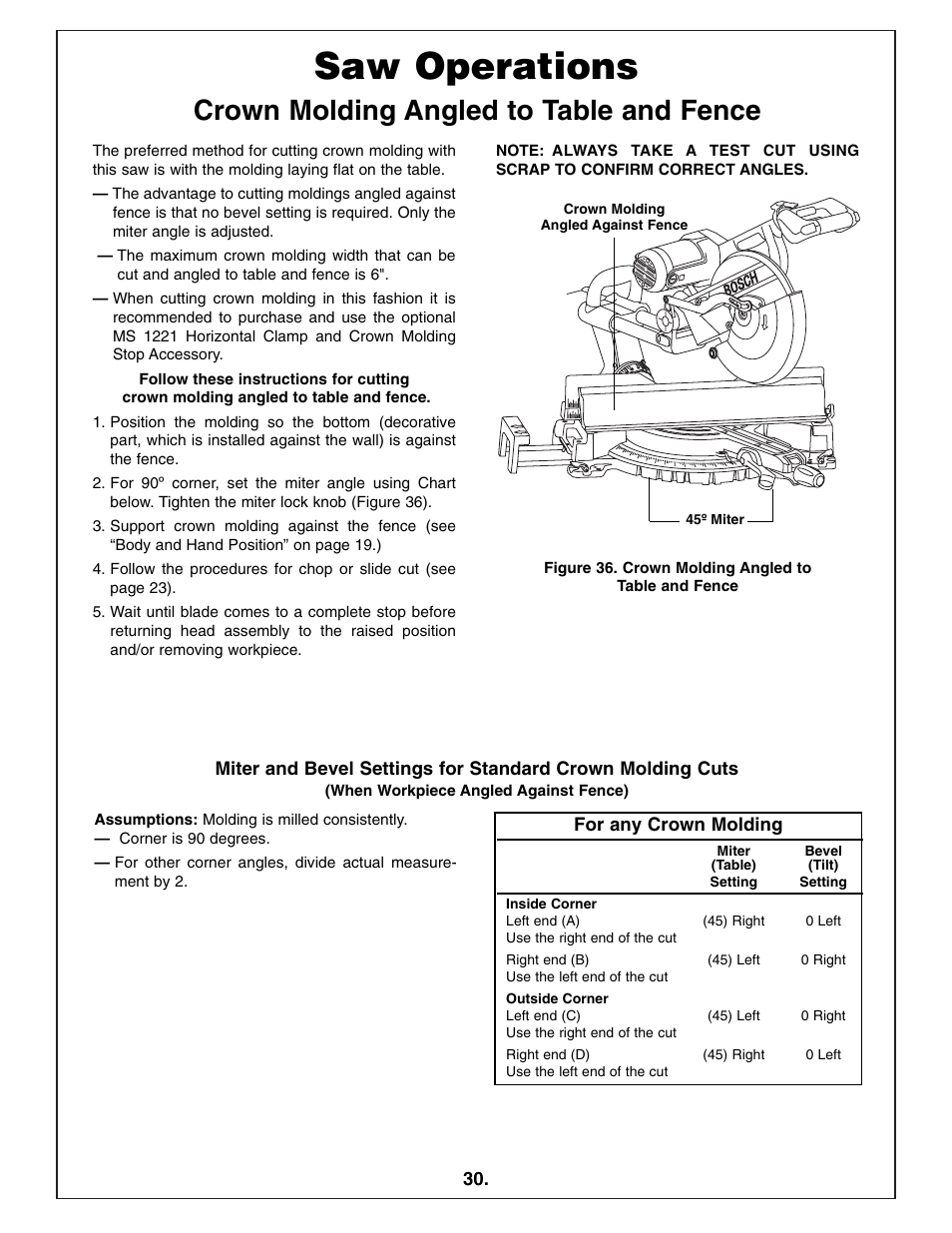 Saw operations, Crown molding angled to table and fence | Bosch 4412 User Manual | Page 30 / 104