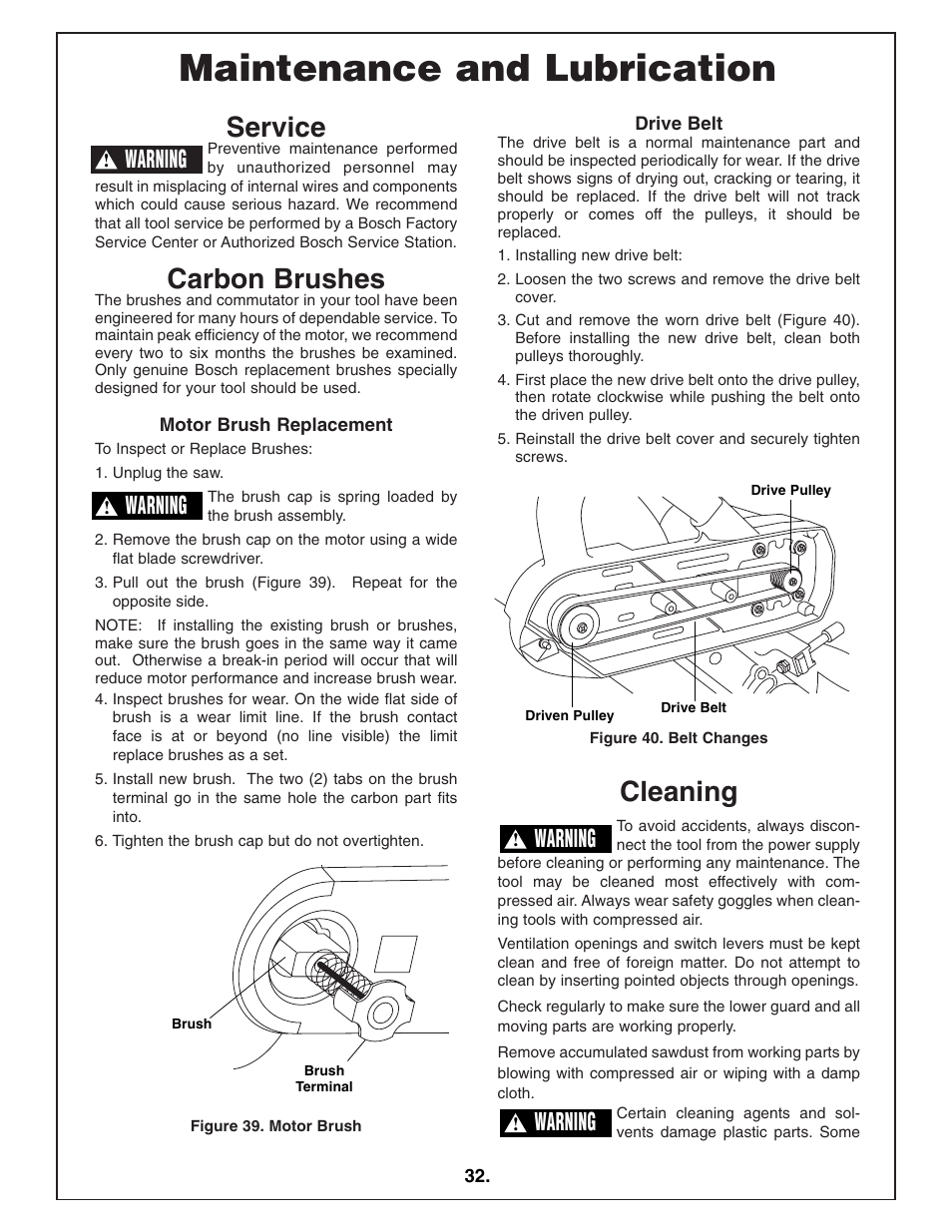 Maintenance and lubrication, Service, Carbon brushes | Cleaning, Warning | Bosch 4412 User Manual | Page 32 / 104