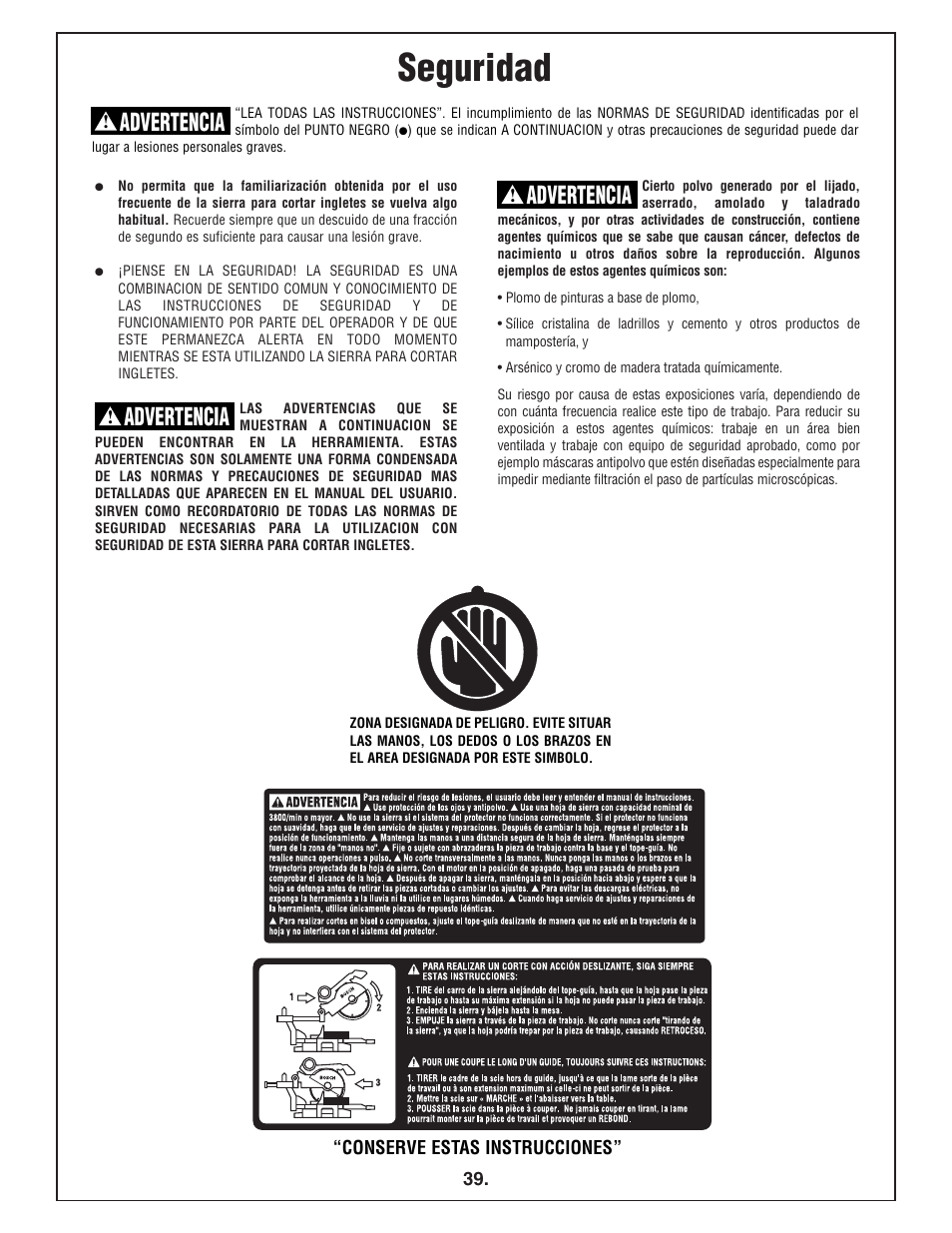 Seguridad, Advertencia | Bosch 4412 User Manual | Page 39 / 104