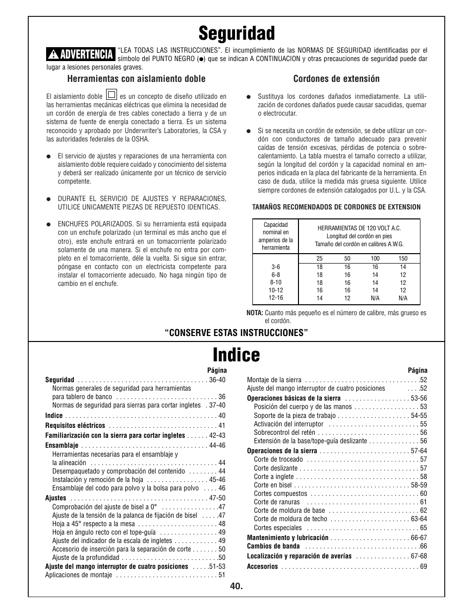 Seguridad, Indice, Advertencia | Herramientas con aislamiento doble, Cordones de extensión, Conserve estas instrucciones | Bosch 4412 User Manual | Page 40 / 104