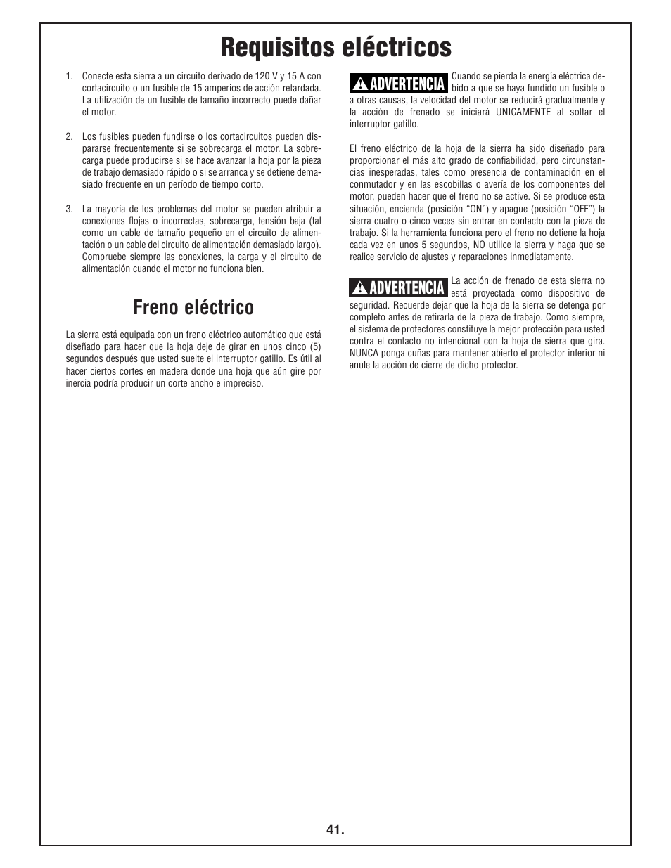 Requisitos eléctricos, Freno eléctrico, Advertencia | Bosch 4412 User Manual | Page 41 / 104