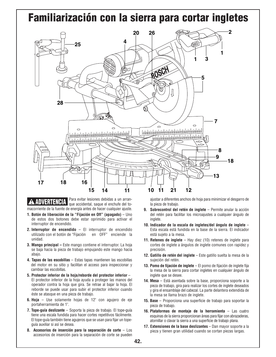 Familiarización con la sierra para cortar ingletes, Advertencia | Bosch 4412 User Manual | Page 42 / 104