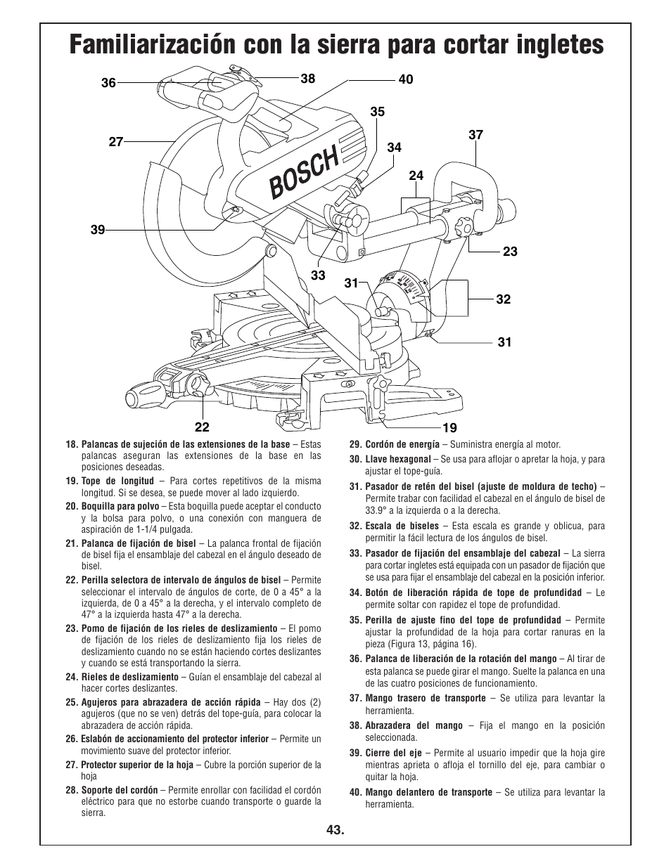 Familiarización con la sierra para cortar ingletes | Bosch 4412 User Manual | Page 43 / 104