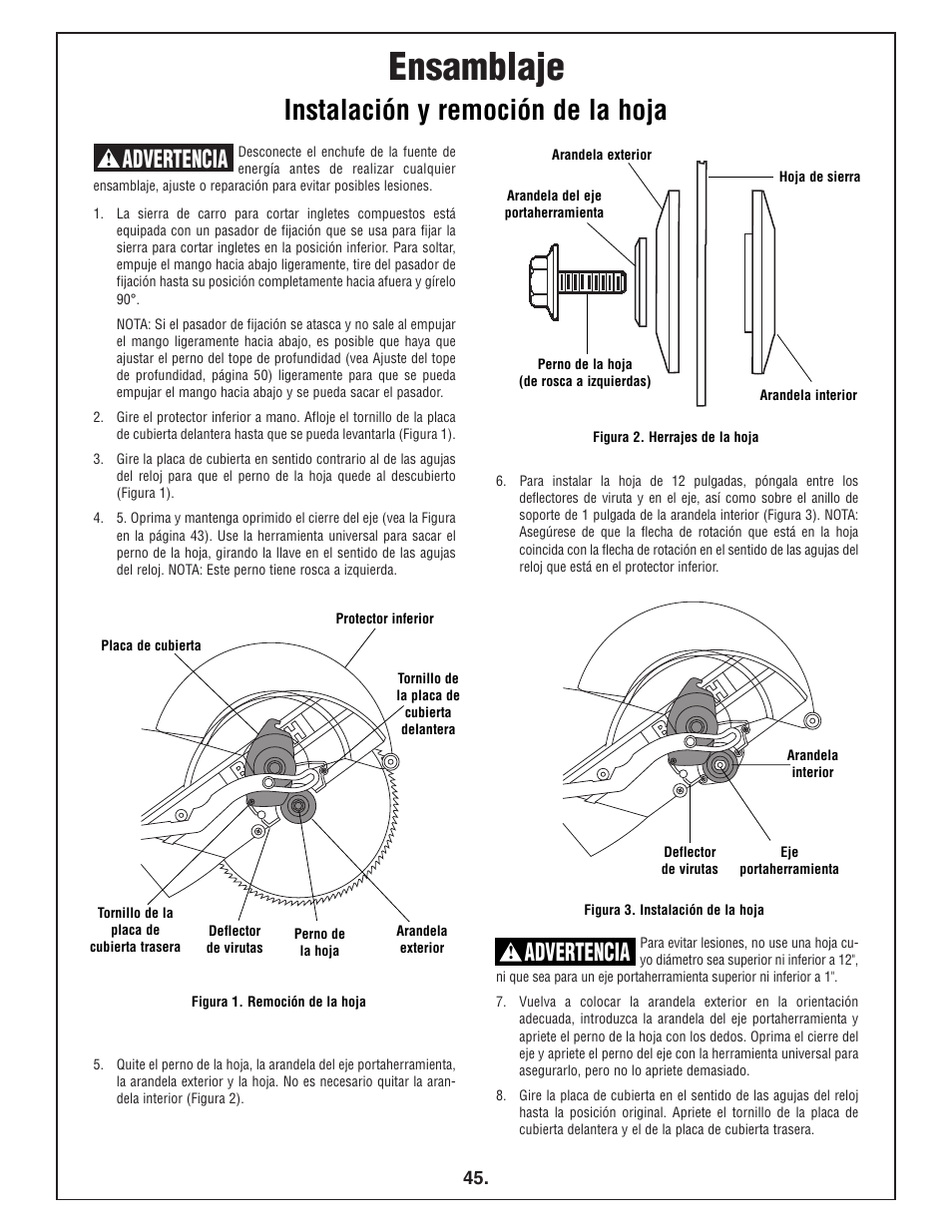 Ensamblaje, Instalación y remoción de la hoja, Advertencia | Bosch 4412 User Manual | Page 45 / 104