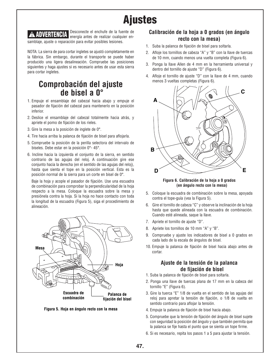 Ajustes, Comprobación del ajuste de bisel a 0, Advertencia | Bosch 4412 User Manual | Page 47 / 104