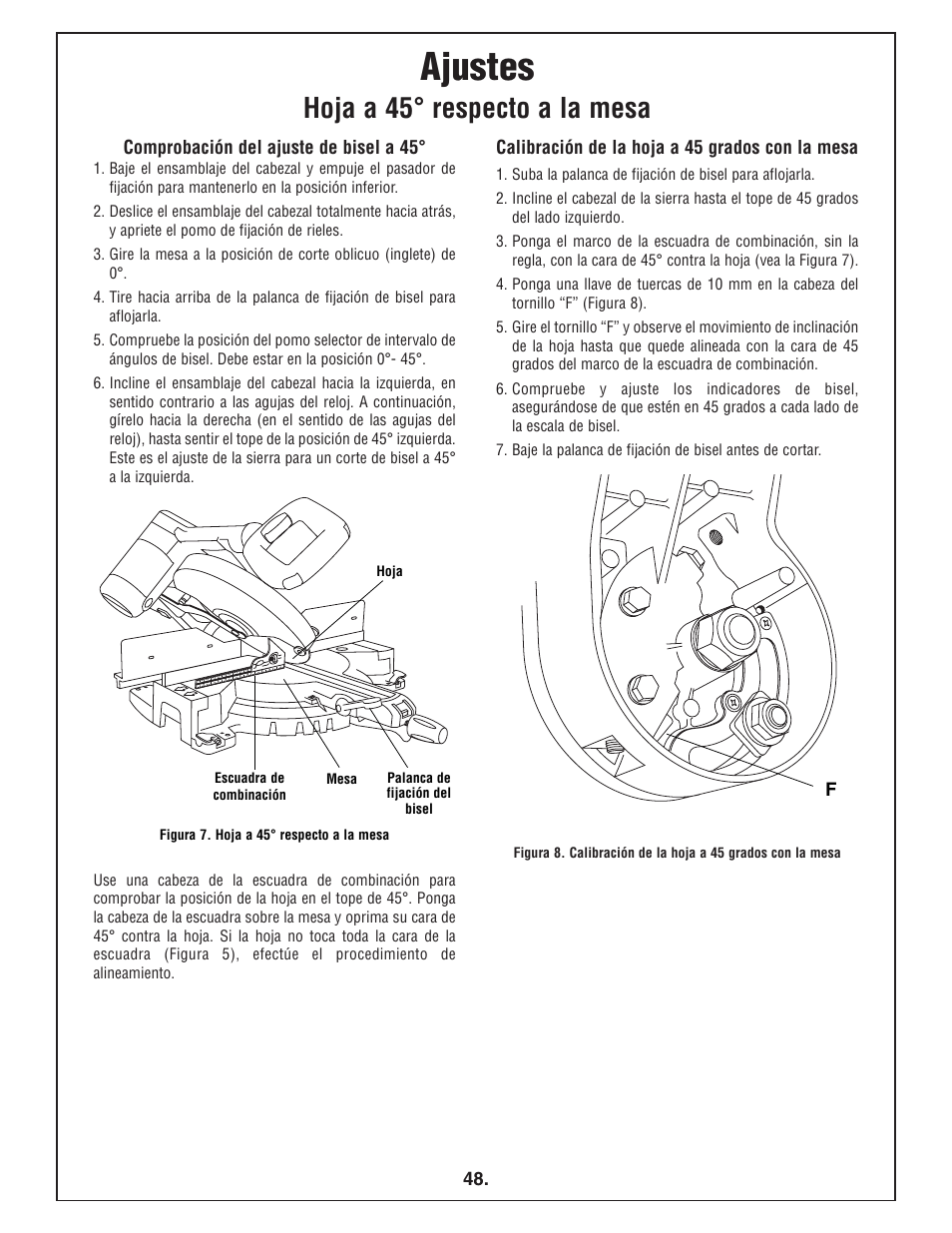 Ajustes, Hoja a 45° respecto a la mesa | Bosch 4412 User Manual | Page 48 / 104