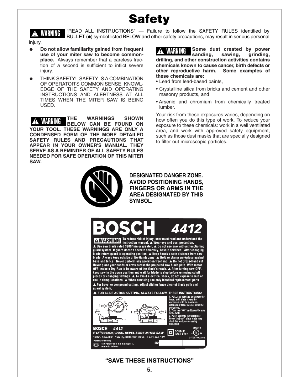 Safety, Warning | Bosch 4412 User Manual | Page 5 / 104