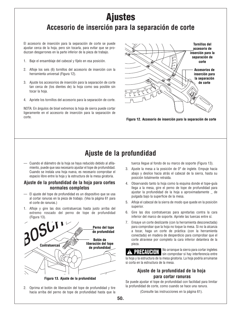 Ajustes, Precaucion | Bosch 4412 User Manual | Page 50 / 104