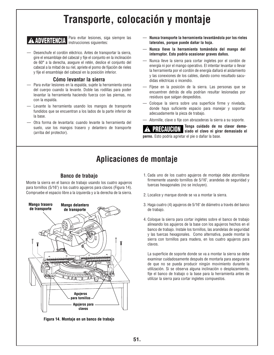 Transporte, colocación y montaje, Aplicaciones de montaje, Advertencia | Precaucion | Bosch 4412 User Manual | Page 51 / 104