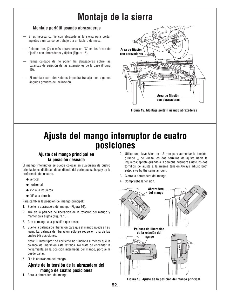 Montaje de la sierra, Ajuste del mango interruptor de cuatro posiciones | Bosch 4412 User Manual | Page 52 / 104